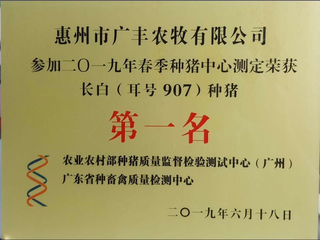 惠州市广丰农牧有限公司 大白、长白种猪包揽种猪性能测定一等奖